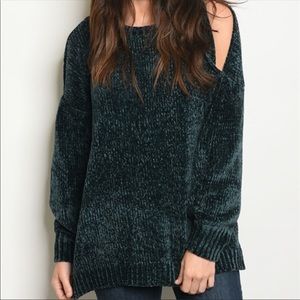 ❤️ Cozy Teal Green Cold Shoulder Chenille Sweater